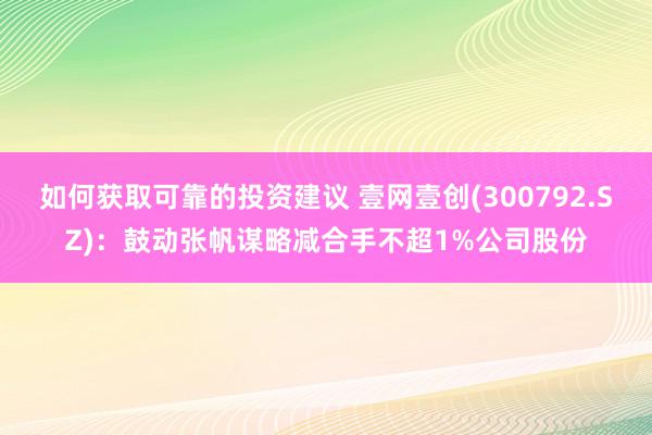 如何获取可靠的投资建议 壹网壹创(300792.SZ)：鼓动张帆谋略减合手不超1%公司股份